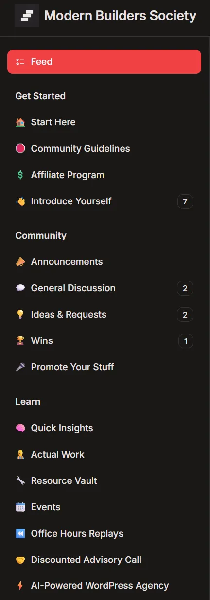 The Modern Builders Society spaces list in Circle