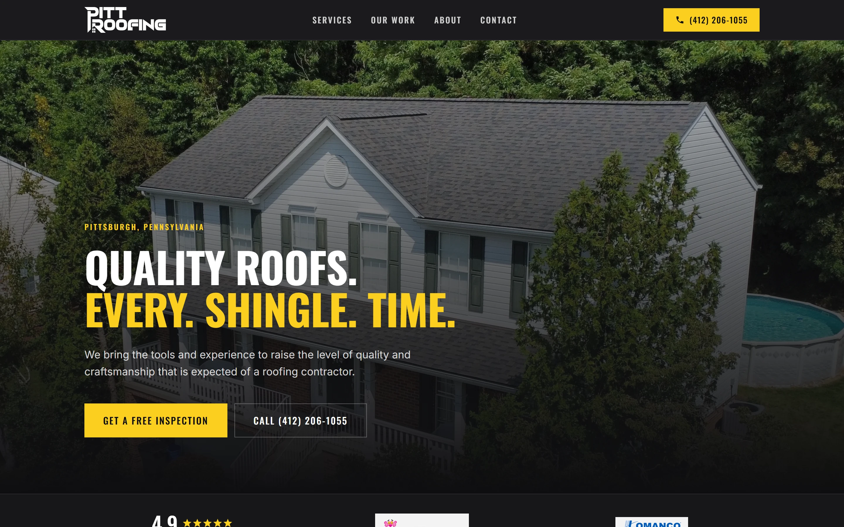 The home page of the spec site for Pitt Roofing.