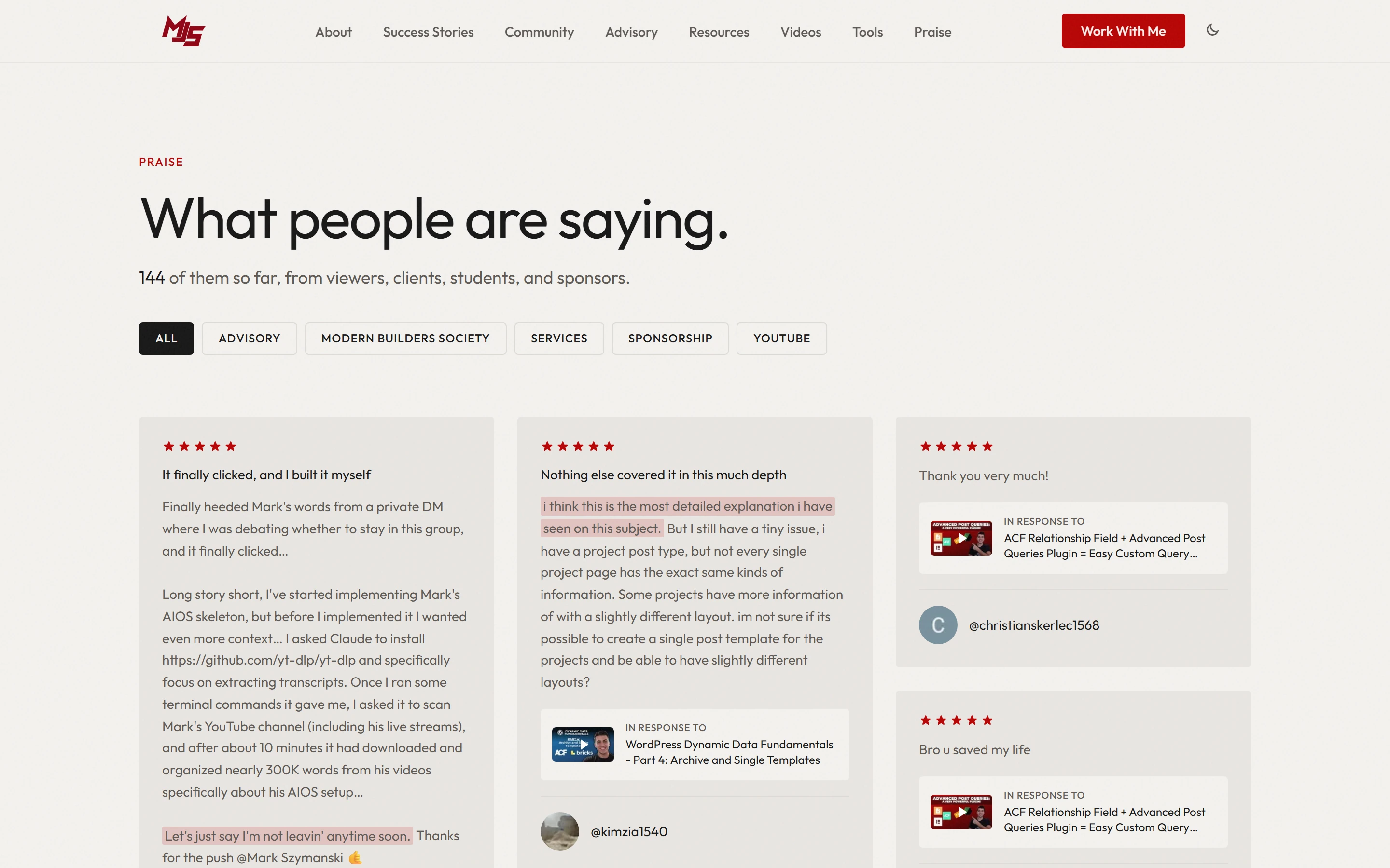 The praise page on markszymanski.co, built from the testimonials system.