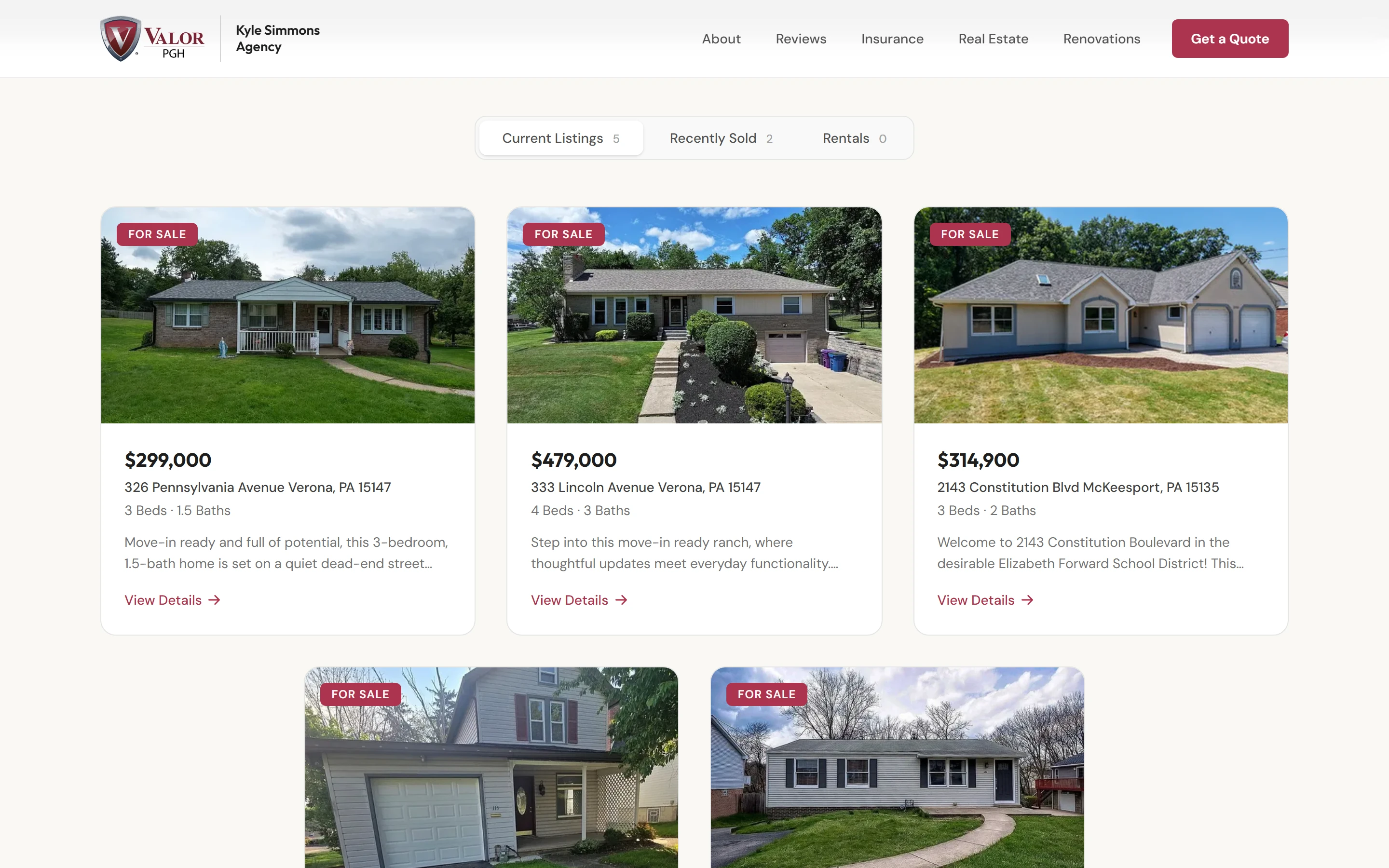 The real estate listings tabs on valorpgh.com.