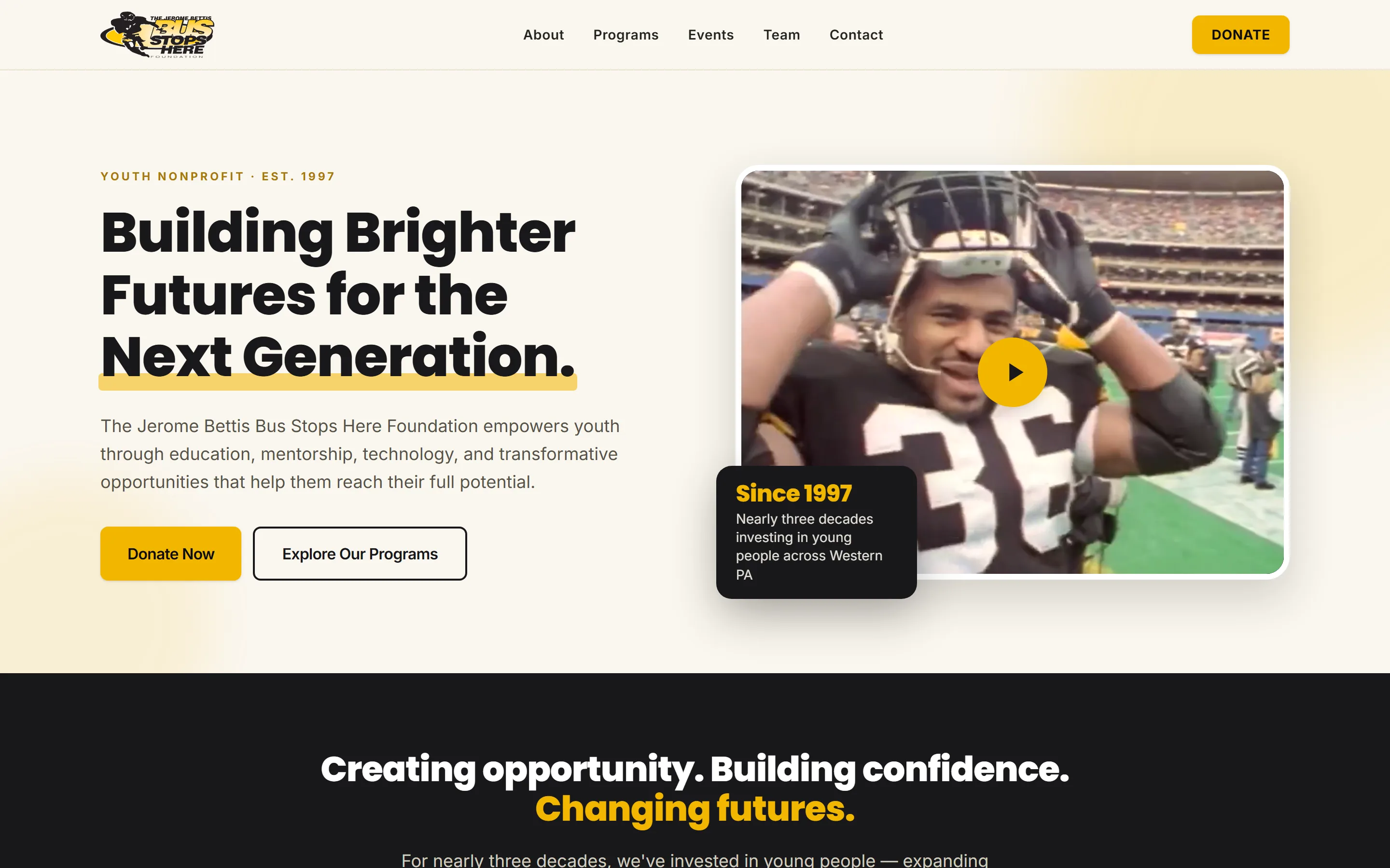 The new Bus Stops Here Foundation homepage: 'Building Brighter Futures for the Next Generation.'