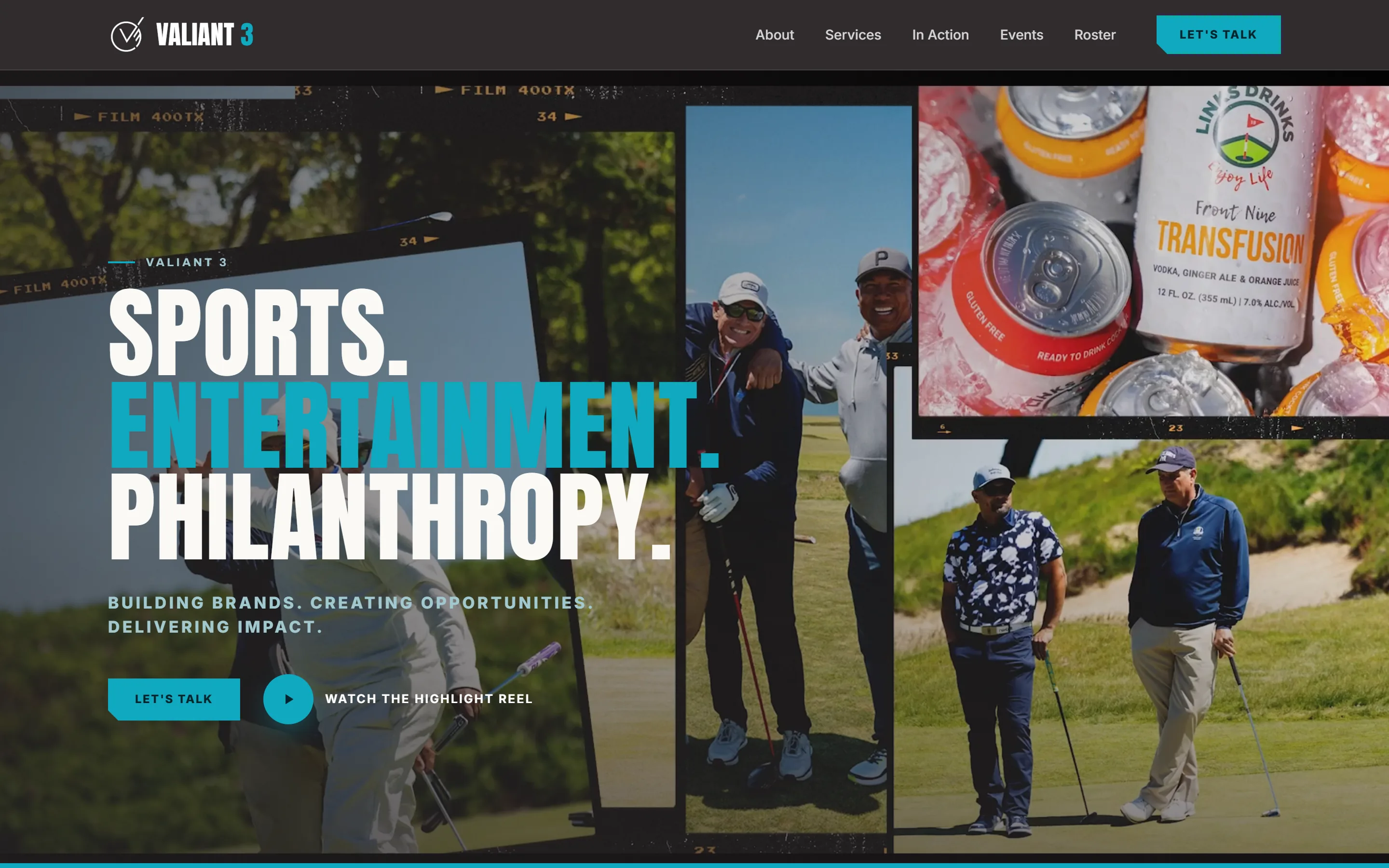 The new Valiant 3 homepage: 'Sports. Entertainment. Philanthropy.' over event photography.