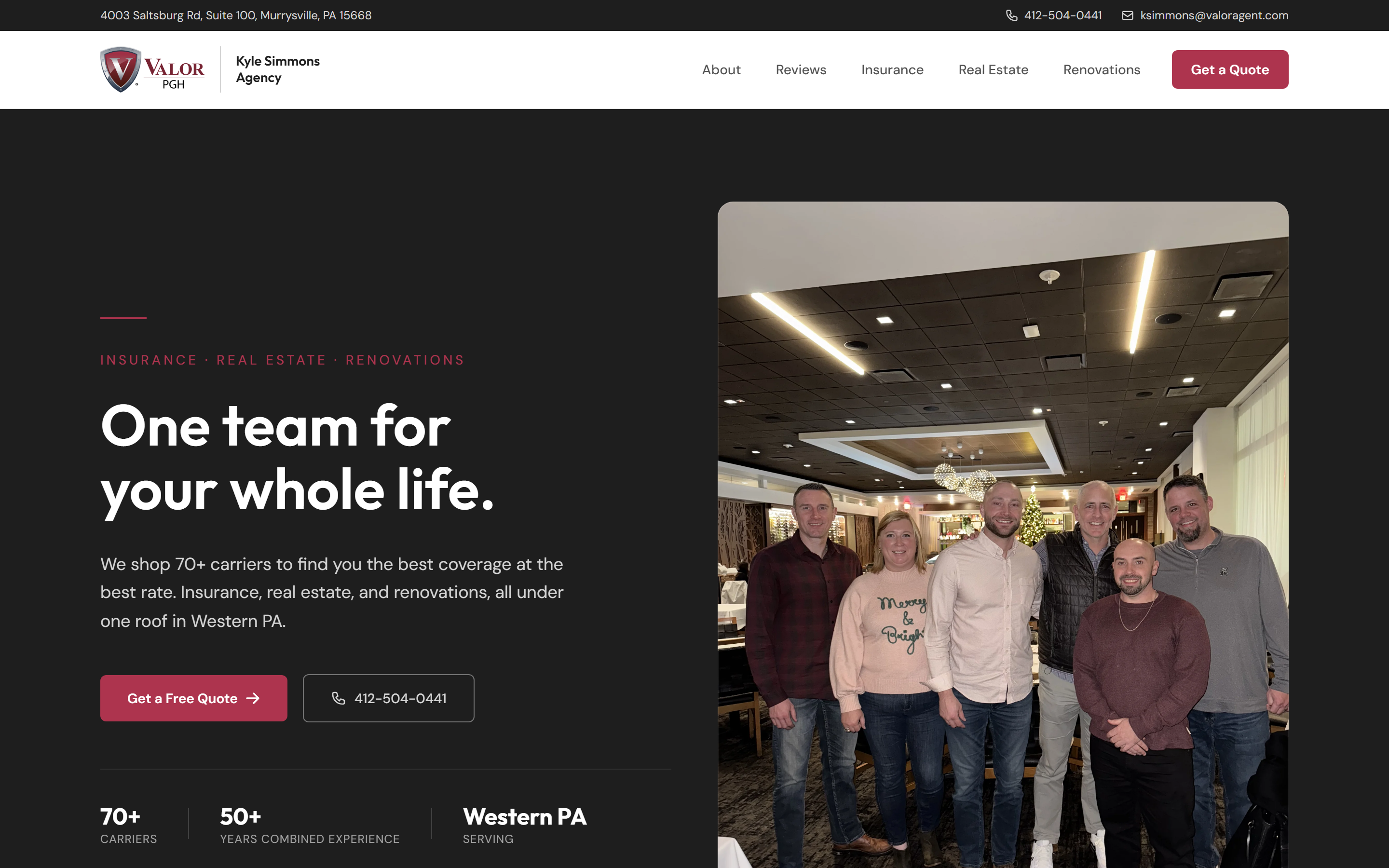 The new Valor PGH homepage, showing the 'One team for your whole life' hero and the Valor team photo.